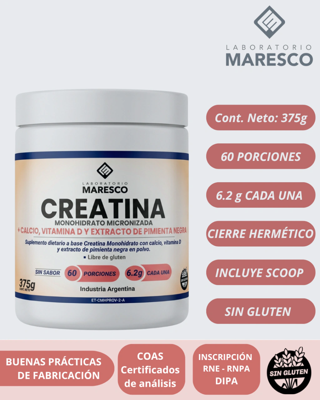 Creatina monohidrato + Calcio +  Vitamida D + Piperina